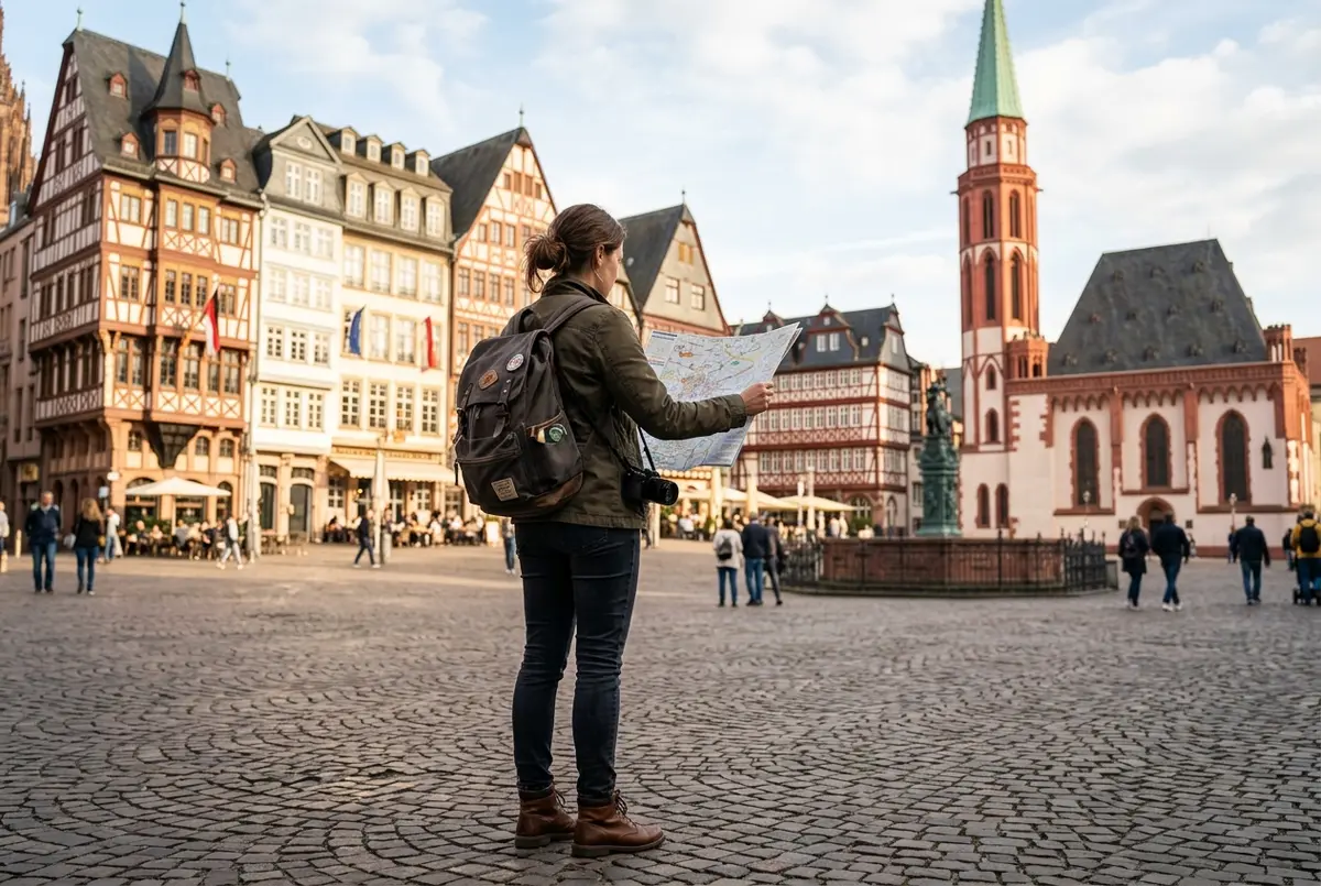 Traveler with a city map standing at Römerberg square in Frankfurt's old town, half-timbered buildings in soft morning light
