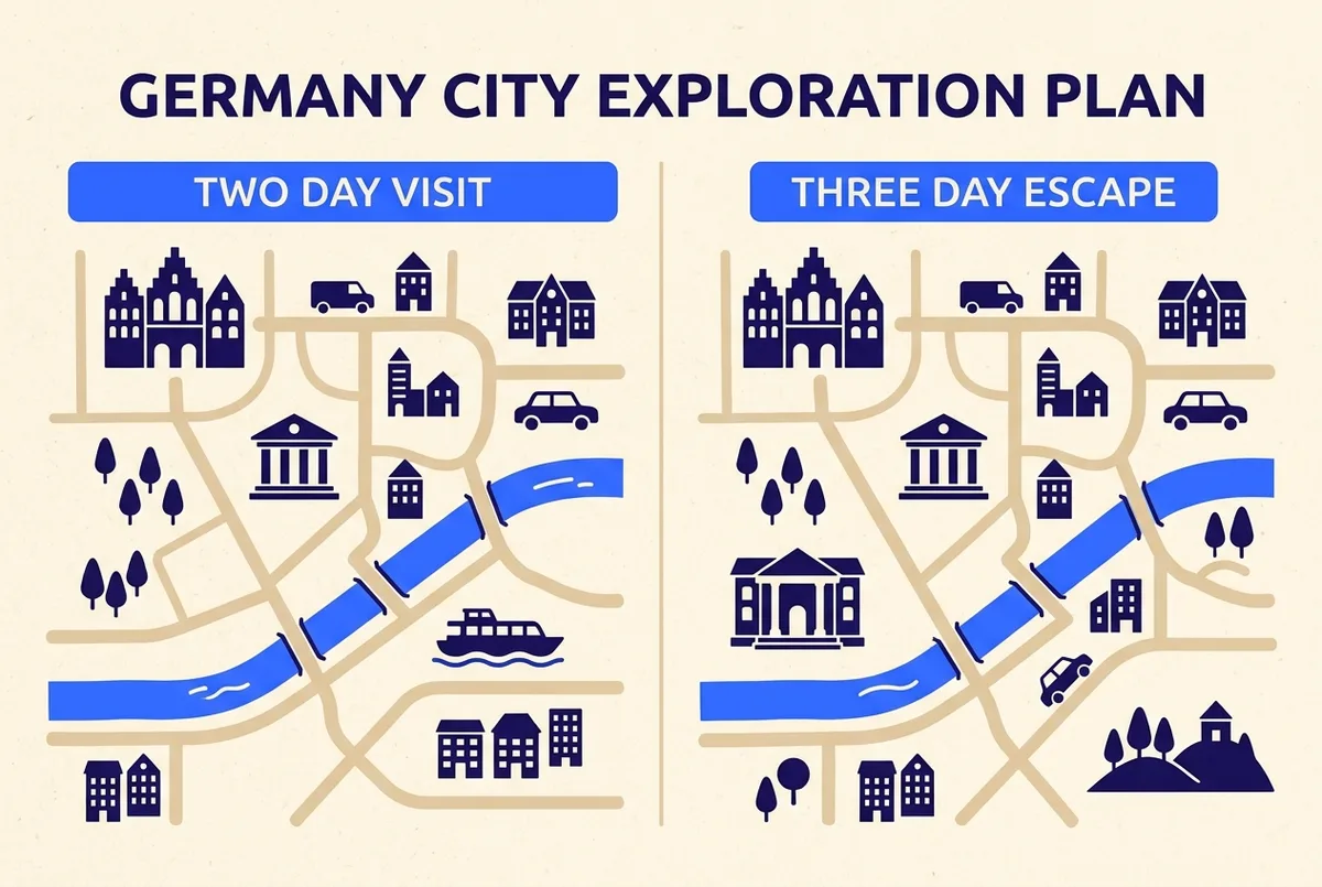 Simple two-column itinerary graphic comparing a 2-day and 3-day Frankfurt plan, with icons for the river cruise, old town, museum and day trip stops