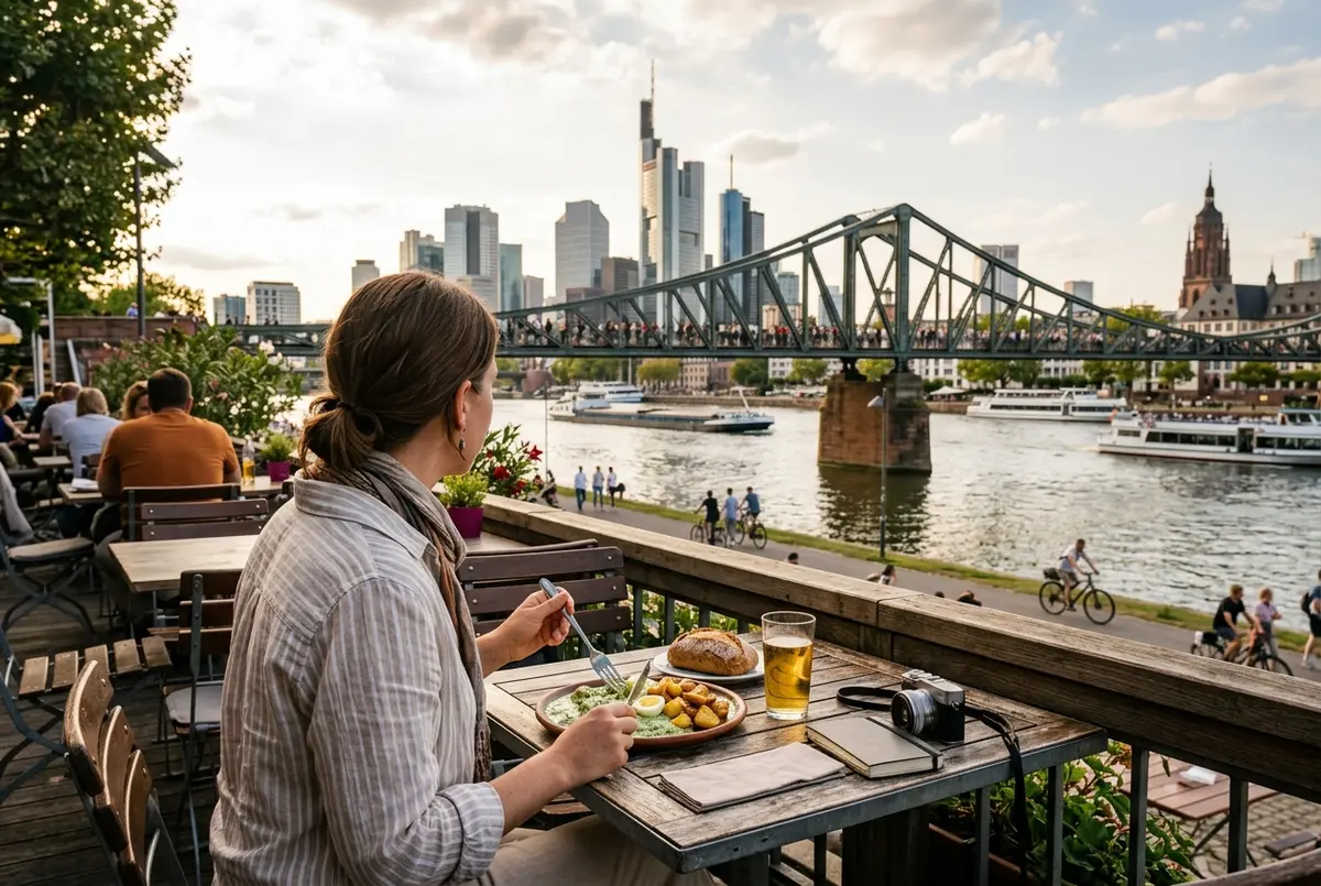 Gedeckter Tisch mit Apfelwein Gläsern in einer Sachsenhausener Taverne, Main Flussufer durch ein offenes Fenster sichtbar, warmes Abendlicht, essen am main frankfurt Atmosphäre
