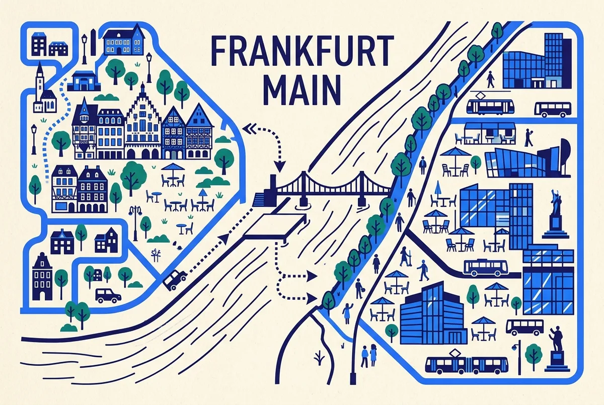 Kartenartige Illustration der Sachsenhausener Apfelwein Gasse und der Flussufer Cafés entlang des Mains, generische Symbole ohne Markennamen, essen am main frankfurt Lagekarte