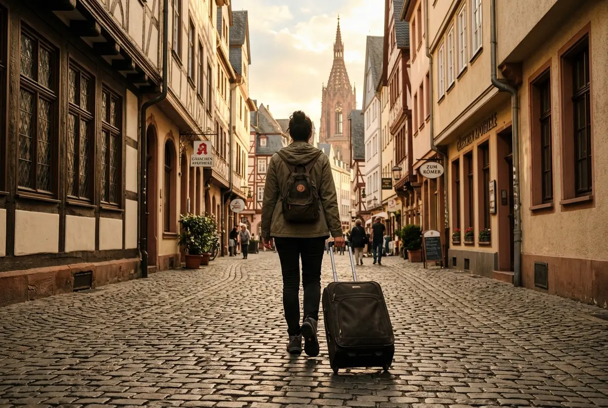 Traveler wheeling a suitcase down a cobblestone street in Frankfurt's old town near the Main river, evening light on the half-timbered houses
