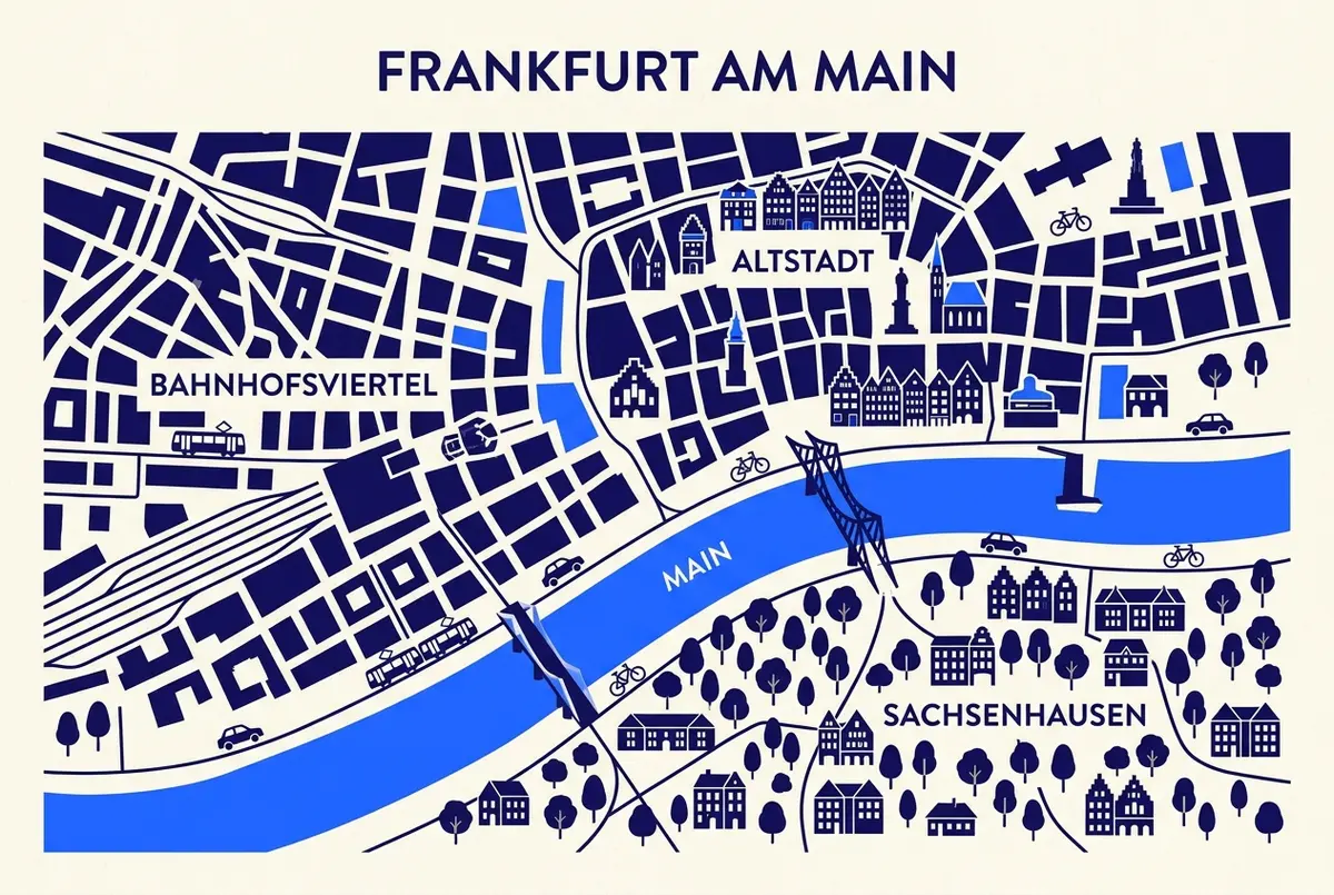Simple map-style graphic marking the old town, Sachsenhausen and the station quarter in Frankfurt relative to the Main river and the Eiserner Steg bridge