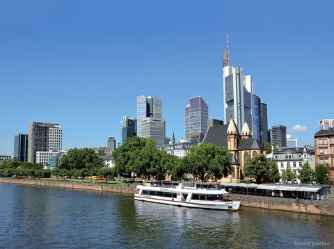 Frankfurt panorama boat cruise passing the city skyline on the River Main
