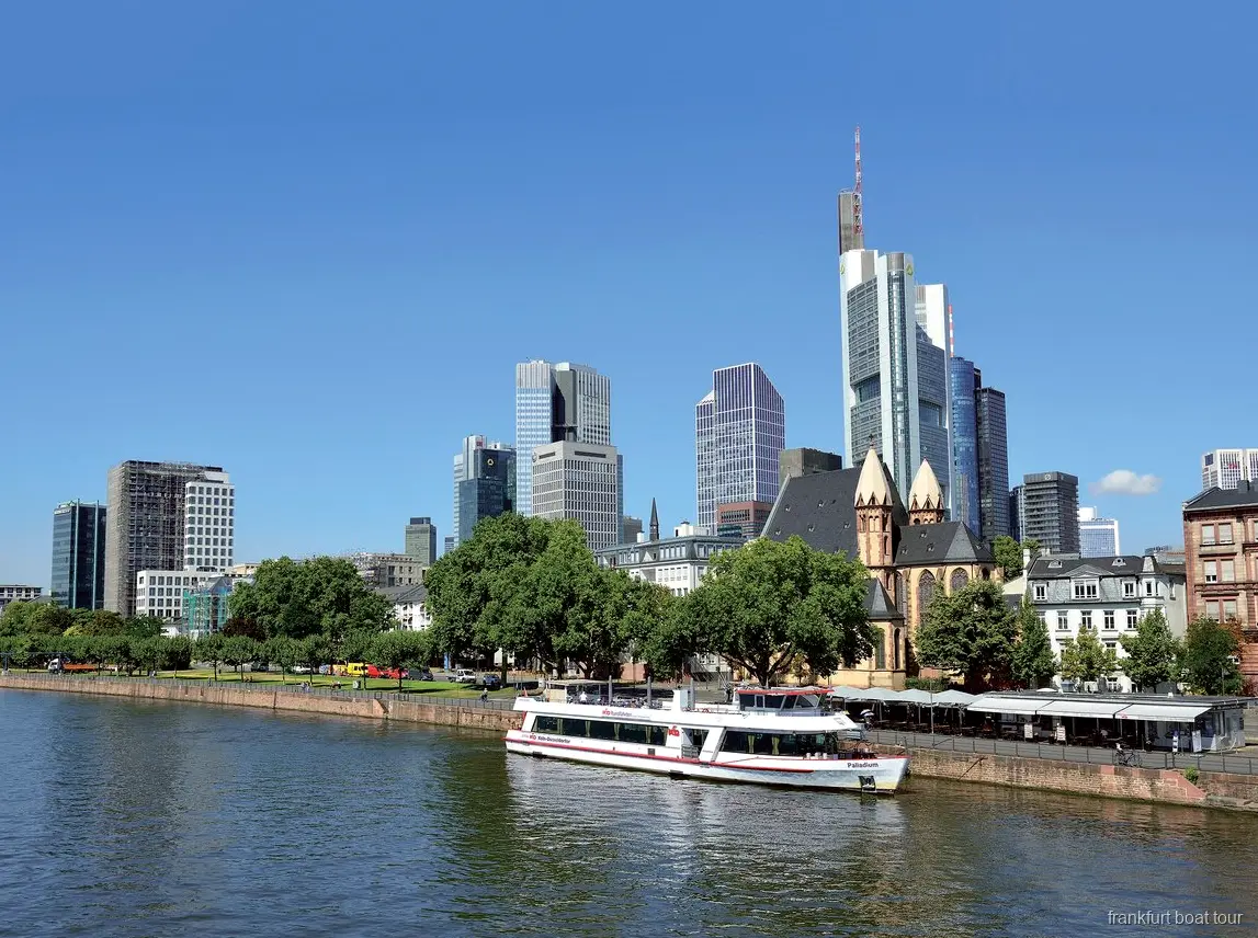 Frankfurt panorama boat cruise passing the city skyline on the River Main